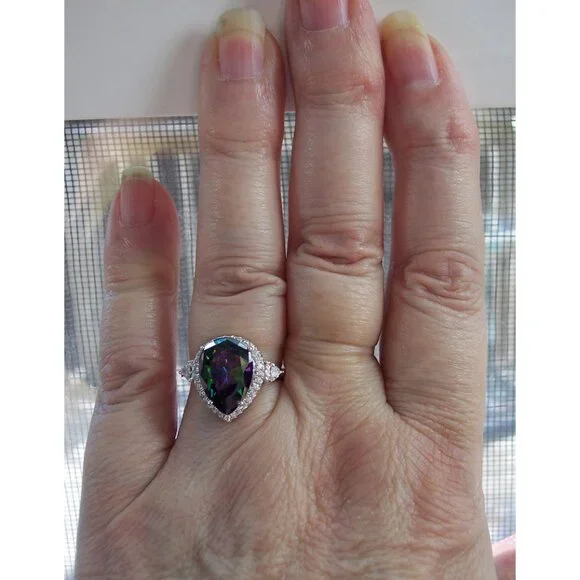 925 Sterling Silver Simulated Mystic Rainbow Topaz CZ Pear Cut Halo Ring - Picture 12 of 16